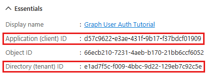The Essentials section of an app's Overview page, with Application (client) ID and Directory (tenant) ID highlighted