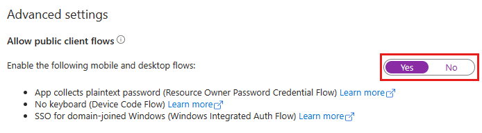 Advanced settings with the Allow public client flows toggle set to Yes
