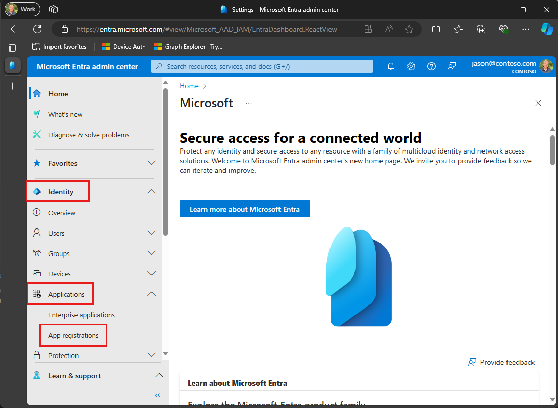 Microsoft Entra admin center with Identity, Applications and App registrations highlighted in the left menu