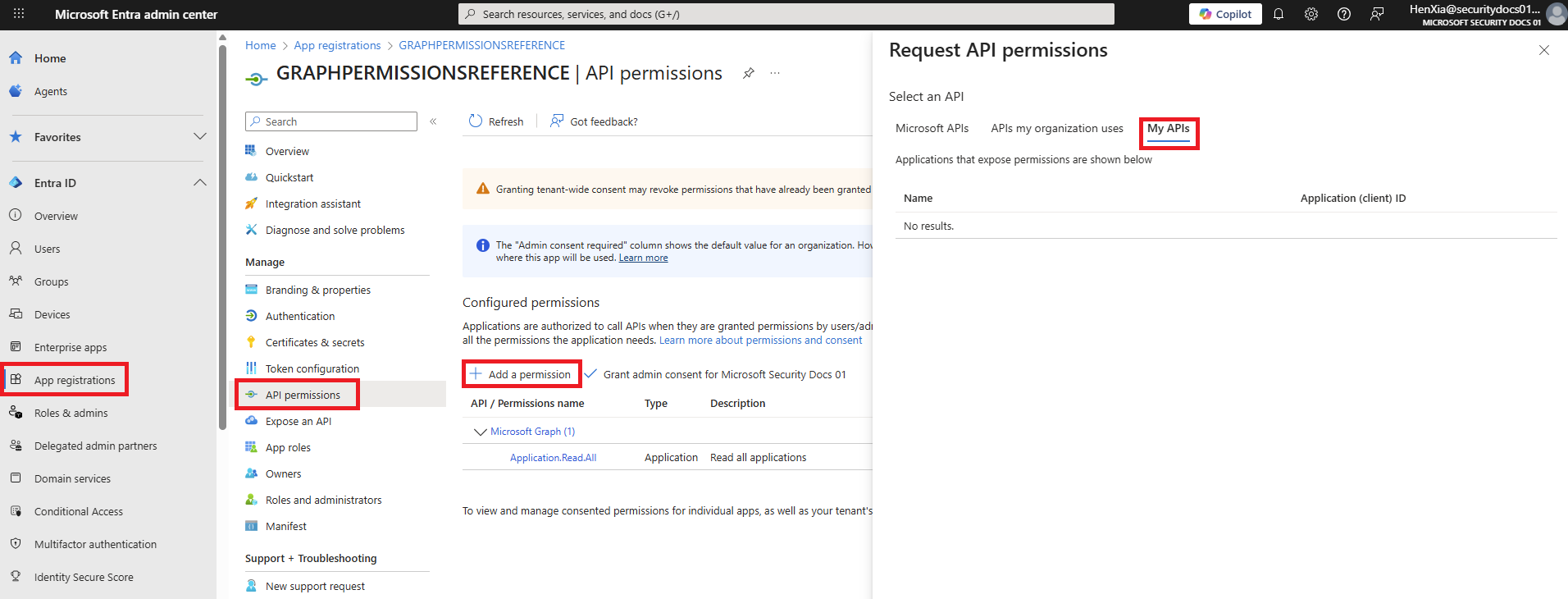 App registrations, API permissions and Add a permission highlighted, with the Request API permissions panel open